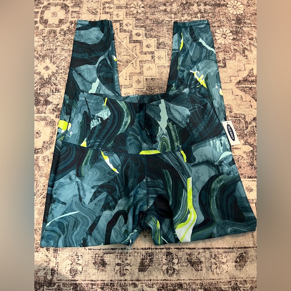 Old Navy Green Teal Marble-Print Leggings with Neon Yellow Accents